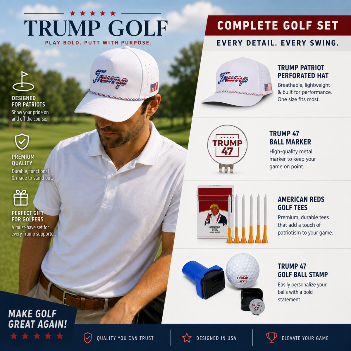 Curves & Clubs Trump Golf Bundle (4-in-1 Set) – White USA Trump Hat, Trump Tees, Trump 47 Stamps, and Trump 47 Ball Marker - Perfect Golf Gift Bundle