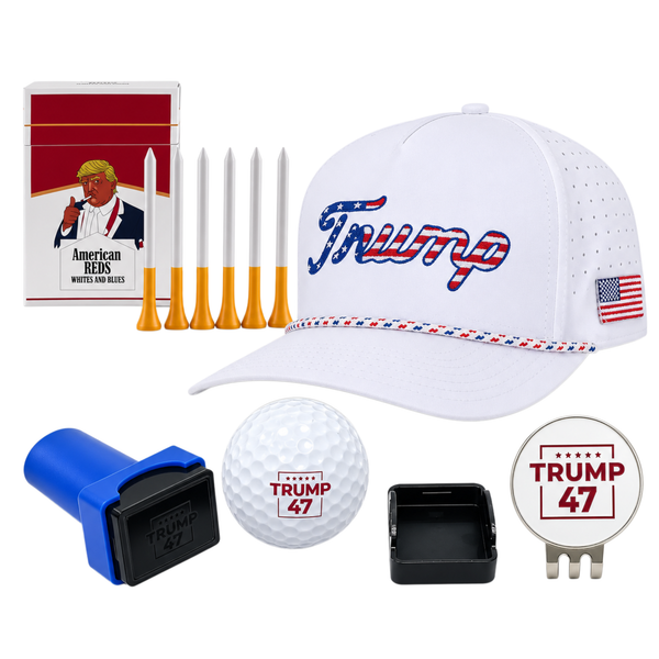 Curves & Clubs Trump Golf Bundle (4-in-1 Set) – White USA Trump Hat, Trump Tees, Trump 47 Stamps, and Trump 47 Ball Marker - Perfect Golf Gift Bundle
