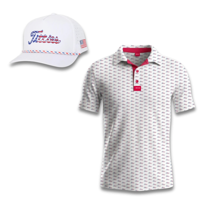 White cap and patterned polo shirt with red accents on a white background