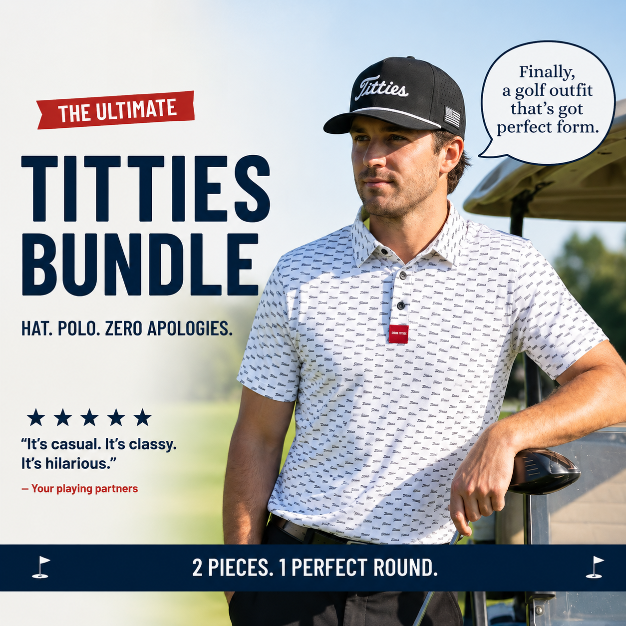 Ultimate Titties Bundle – Black and White Titties Hat and White Titties Polo
