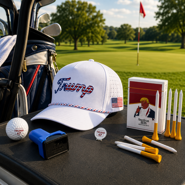 Curves & Clubs Trump Golf Bundle (4-in-1 Set) – White USA Trump Hat, Trump Tees, Trump 47 Stamps, and Trump 47 Ball Marker - Perfect Golf Gift Bundle