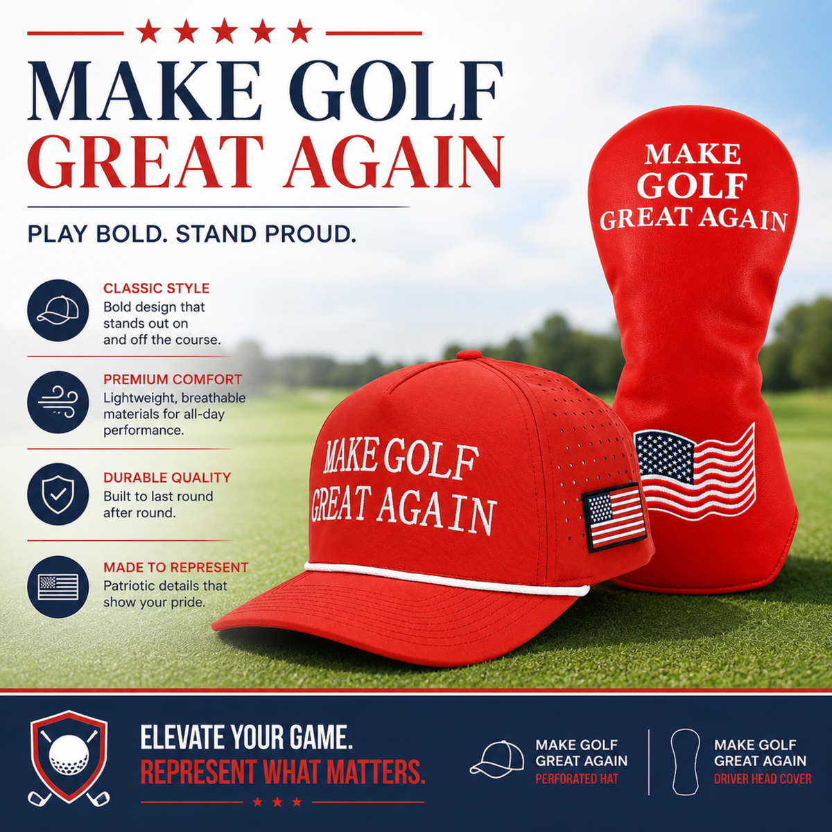 Make Golf Great Again Golf Bundle – Patriotic Golf Hat and Driver Headcover Set