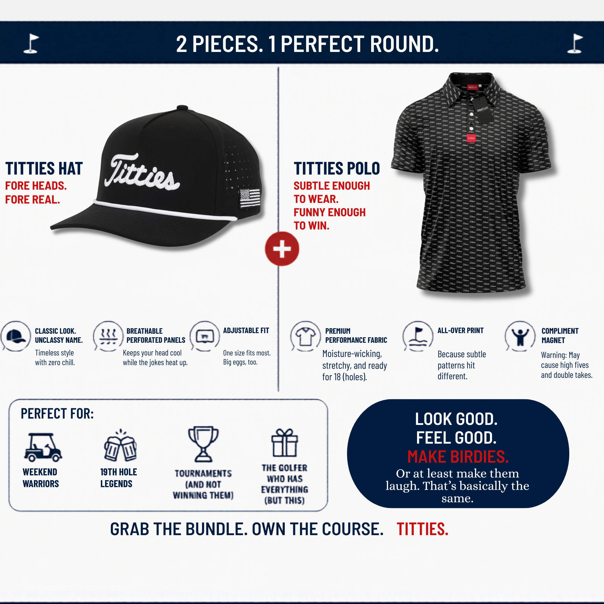 Ultimate Titties Bundle – Black & White Titties Golf Hat and Polo Set