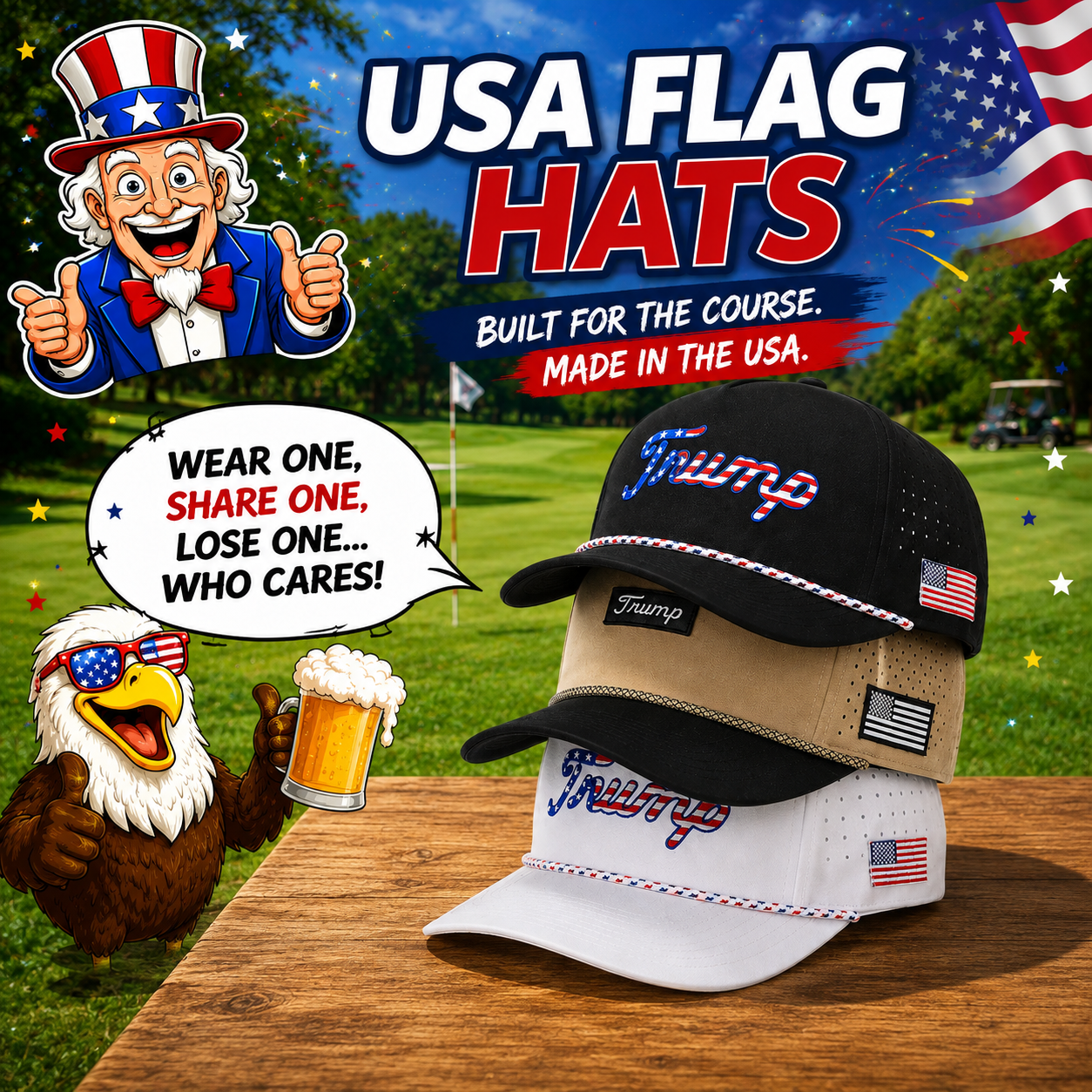 Trump Golf Hats 3-Pack Bundle (Black,Tan,USA White)