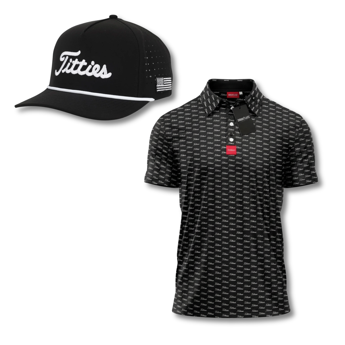 Black & White Golf Shirt | Titties Golf Hat & Polo Bundle