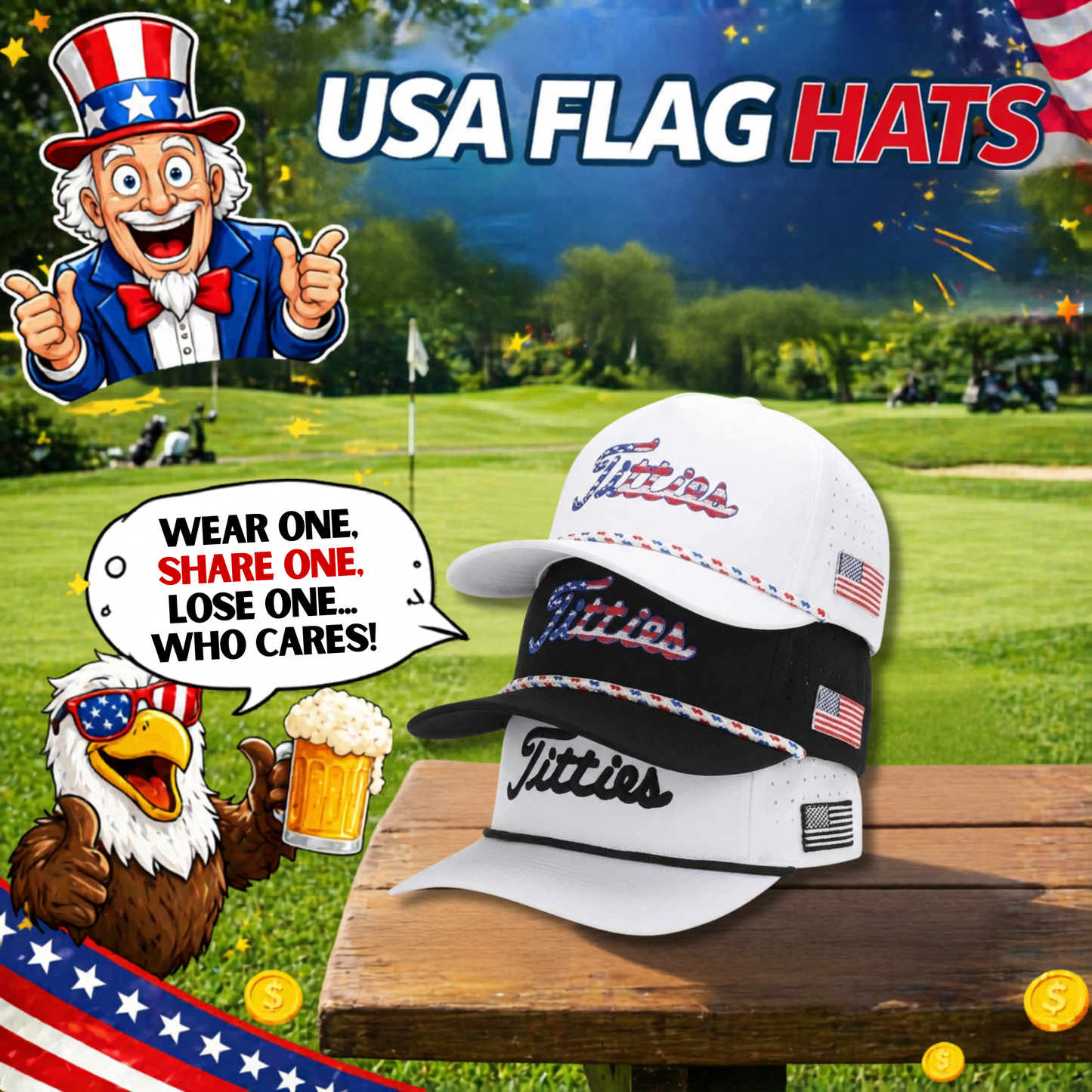 Titties Golf Hats 3-Pack – White USA Titties, Black USA Titties, and White & Black