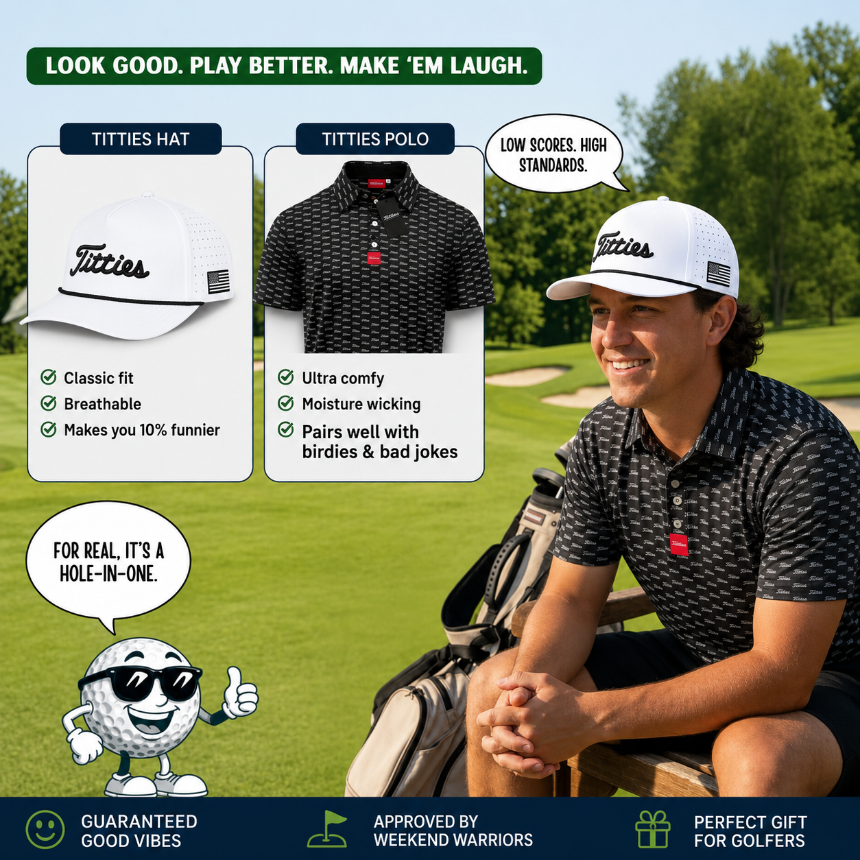 Ultimate Titties Bundle – White and Black Titties Hat and Black Titties Polo