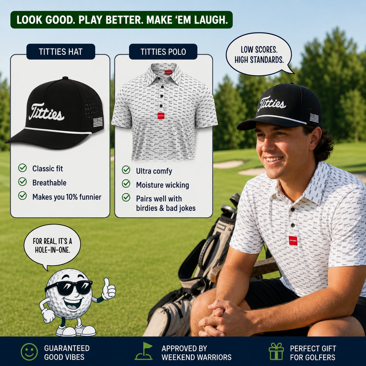 Ultimate Titties Bundle – Black and White Titties Hat and White Titties Polo
