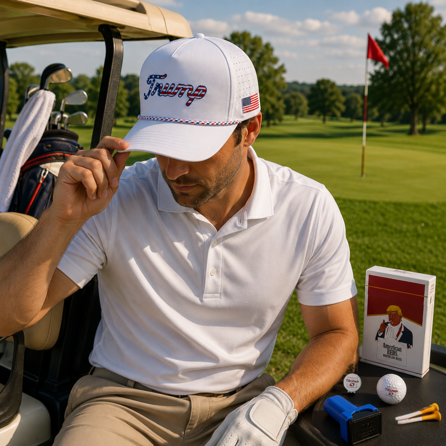 Curves & Clubs Trump Golf Bundle (4-in-1 Set) – White USA Trump Hat, Trump Tees, Trump 47 Stamps, and Trump 47 Ball Marker - Perfect Golf Gift Bundle