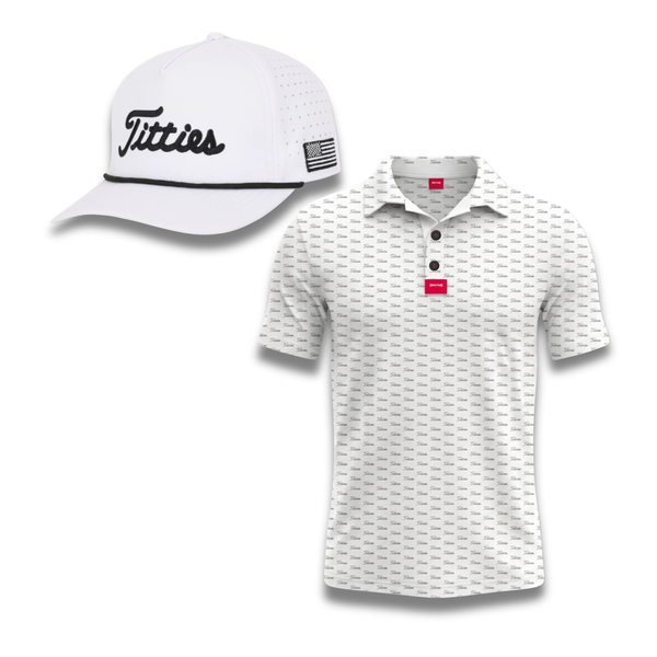 Men's Golf Apparel – White & Black Golf Hat and Polo Set