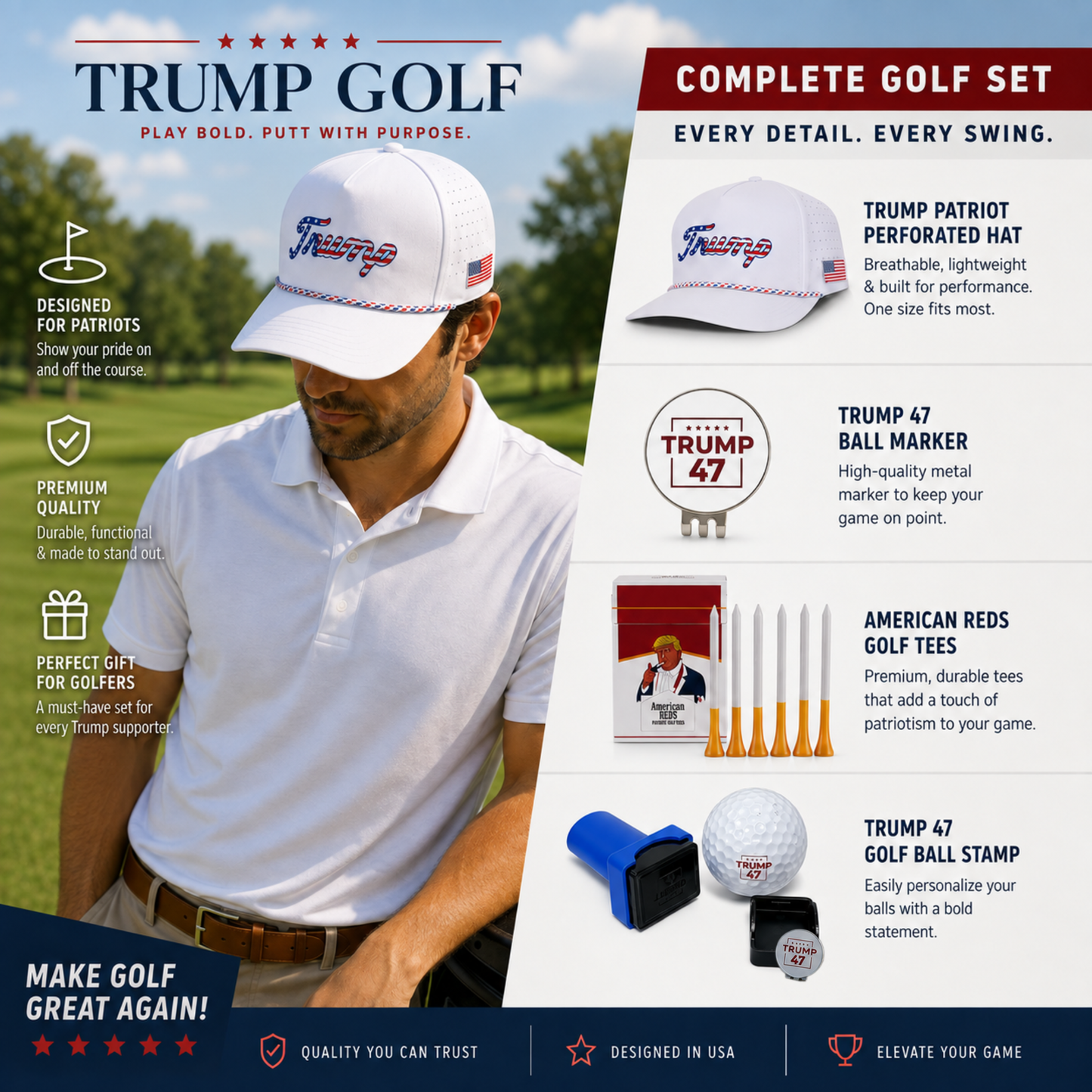 Curves & Clubs Trump Golf Bundle (4-in-1 Set) – White USA Trump Hat, Trump Tees, Trump 47 Stamps, and Trump 47 Ball Marker - Perfect Golf Gift Bundle