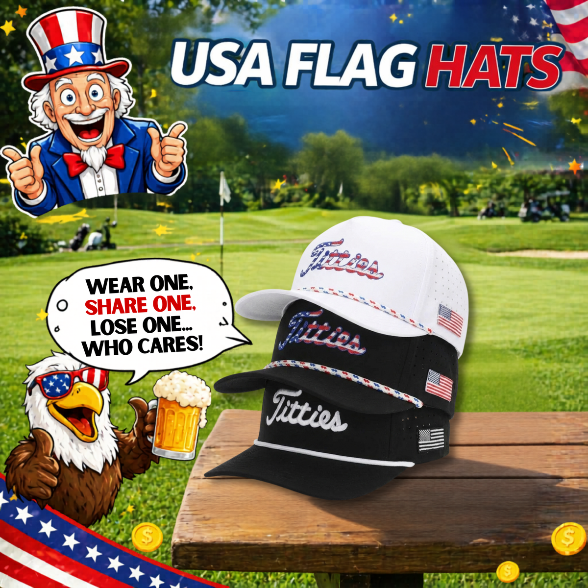 Titties Golf Hats 3-Pack Bundle (USA White, USA Black, Black & White)