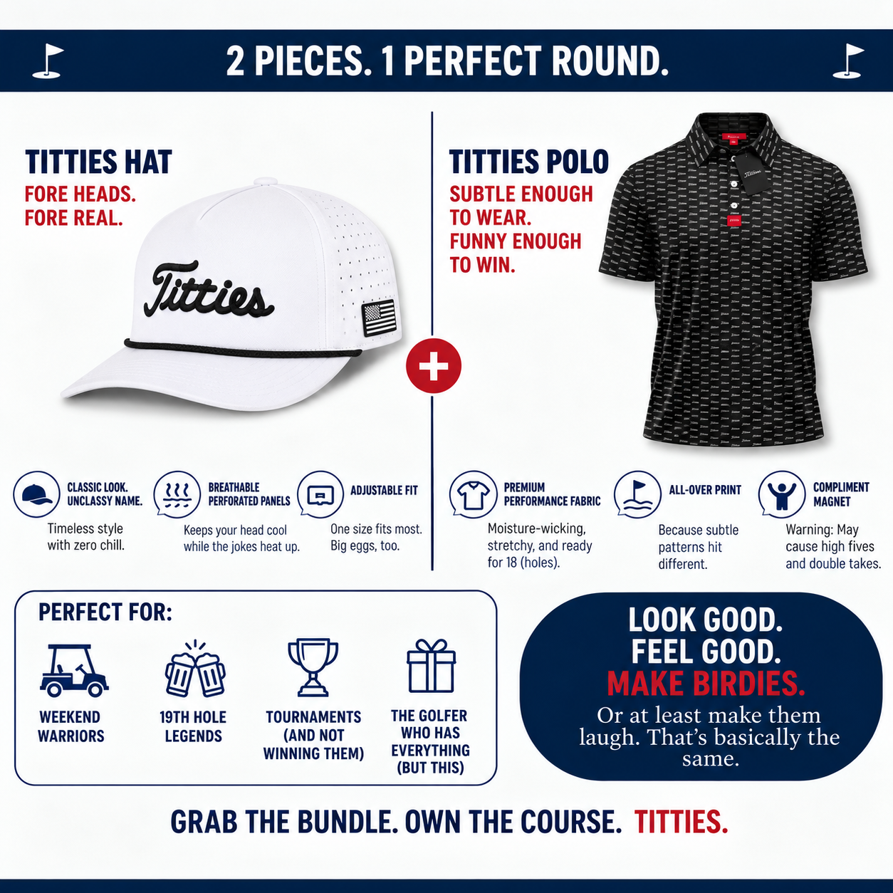 Ultimate Titties Bundle – White and Black Titties Hat and Black Titties Polo