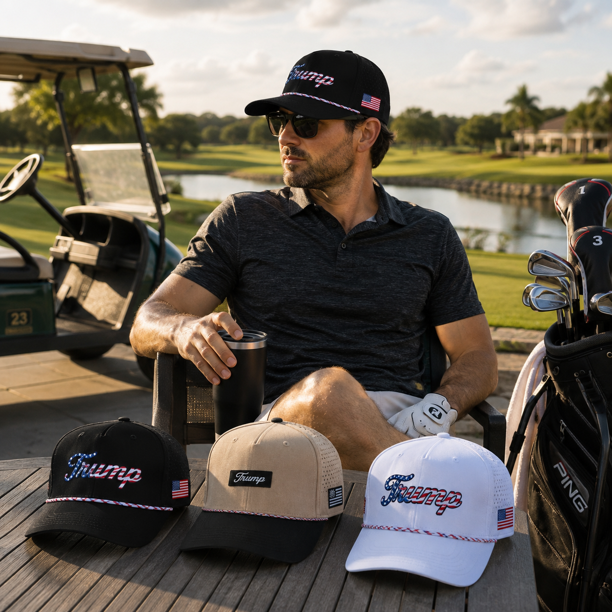 Trump Golf Hats 3-Pack Bundle (Black,Tan,USA White)