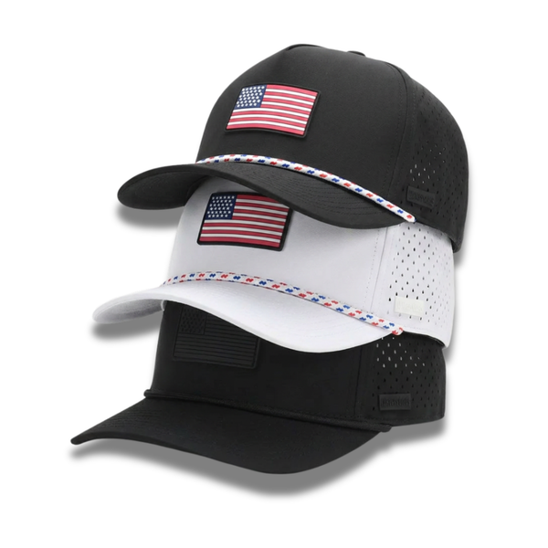Black and white cap with American flags on a light gray background