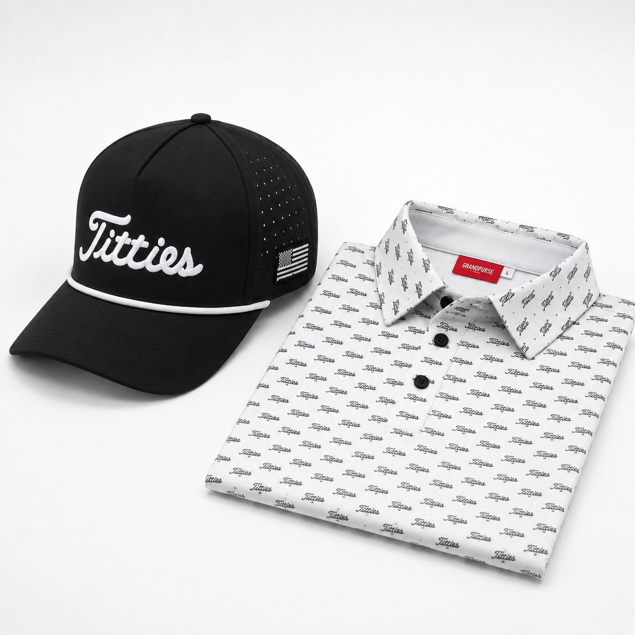 Ultimate Titties Bundle – Black and White Titties Hat and White Titties Polo