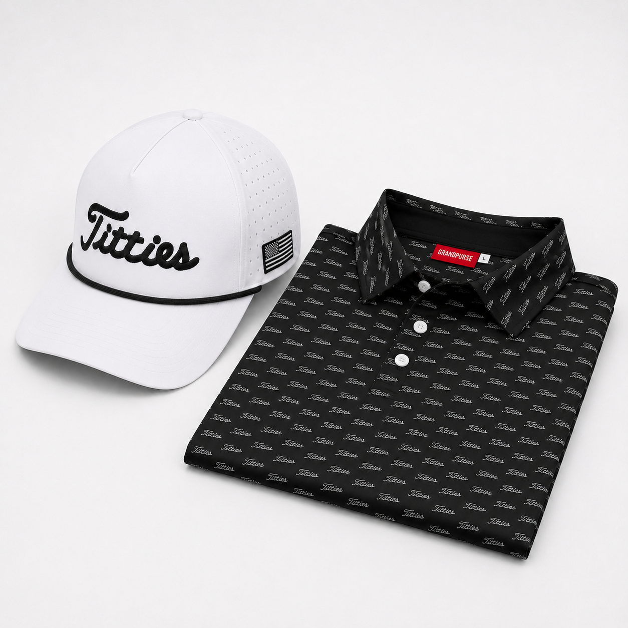 Ultimate Titties Bundle – White and Black Titties Hat and Black Titties Polo