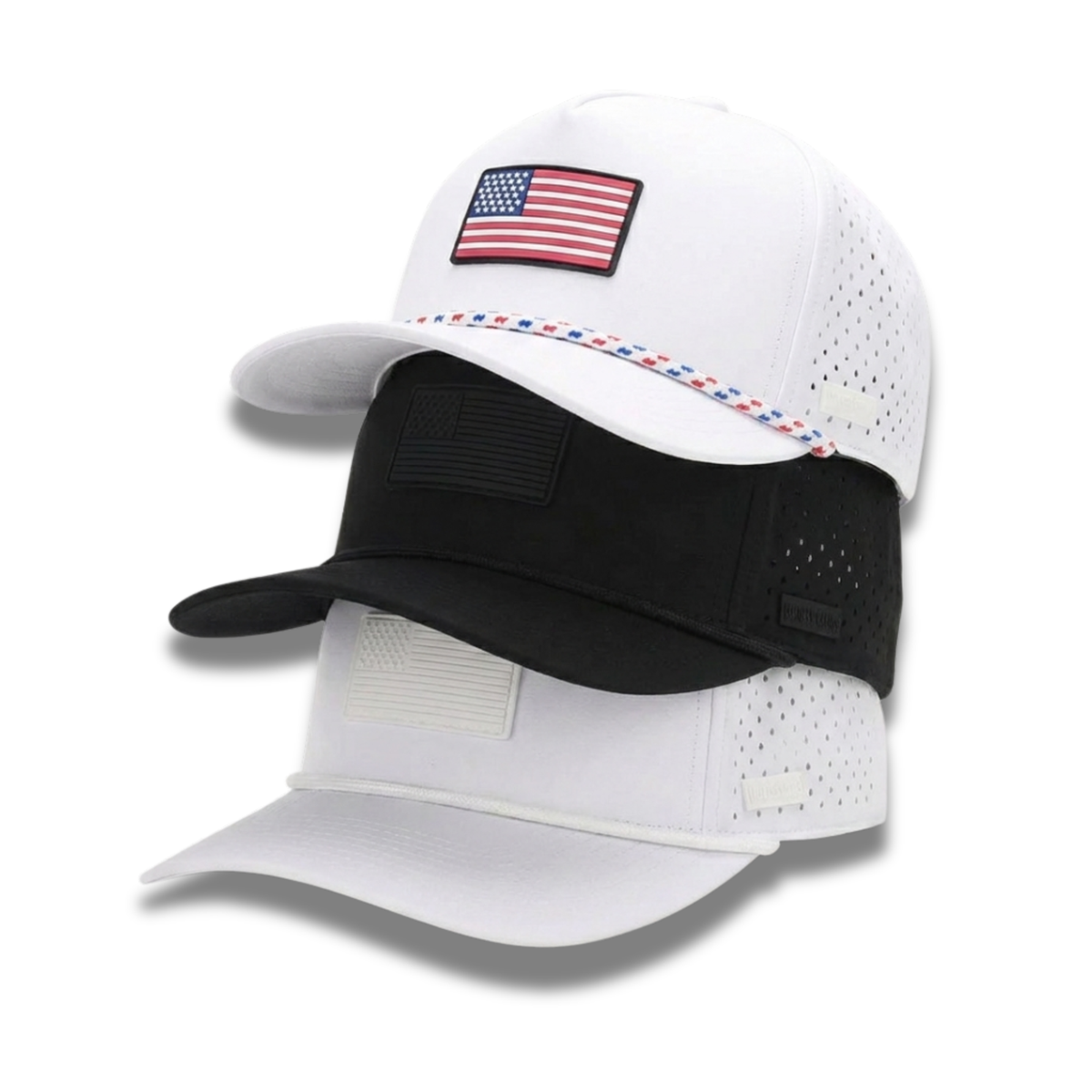 Two baseball caps with American flag patches on a white background