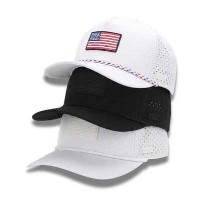 Two baseball caps with American flag patches on a white background