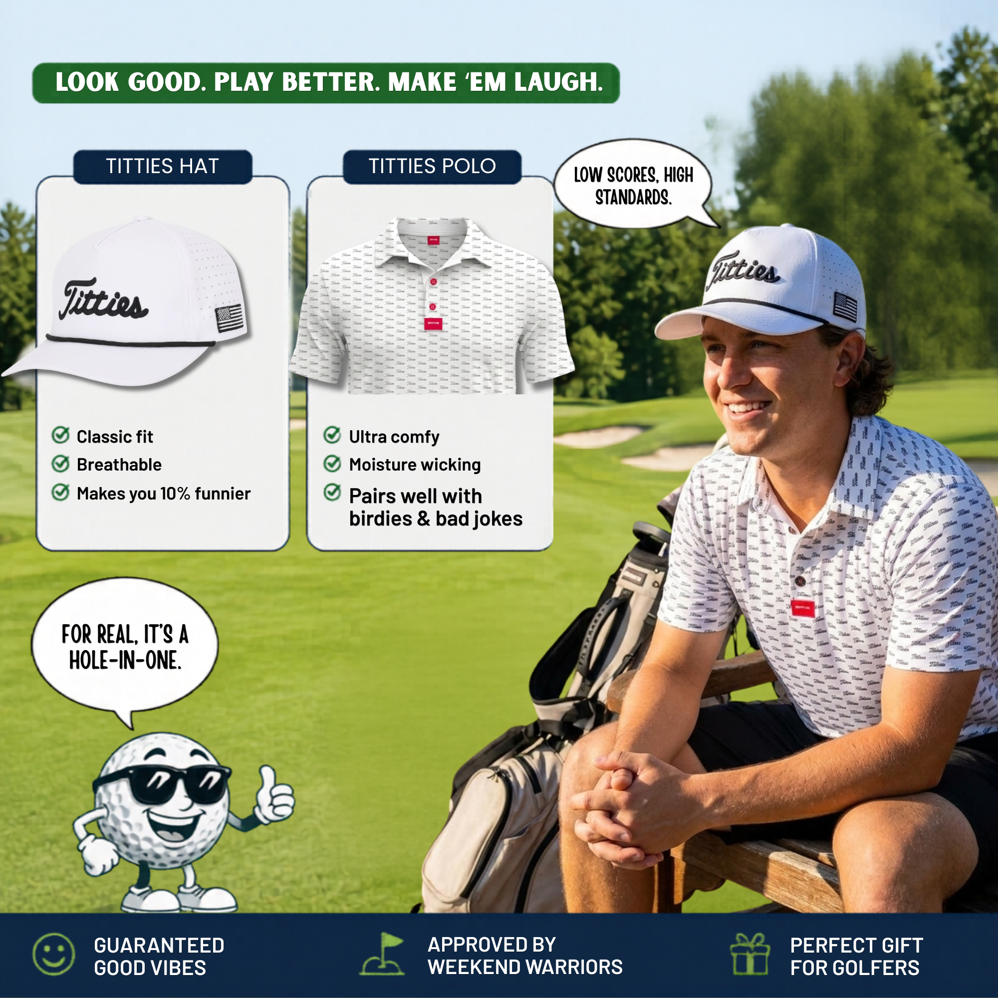 Ultimate Titties Bundle – White & Black Titties Golf Hat and Polo Set