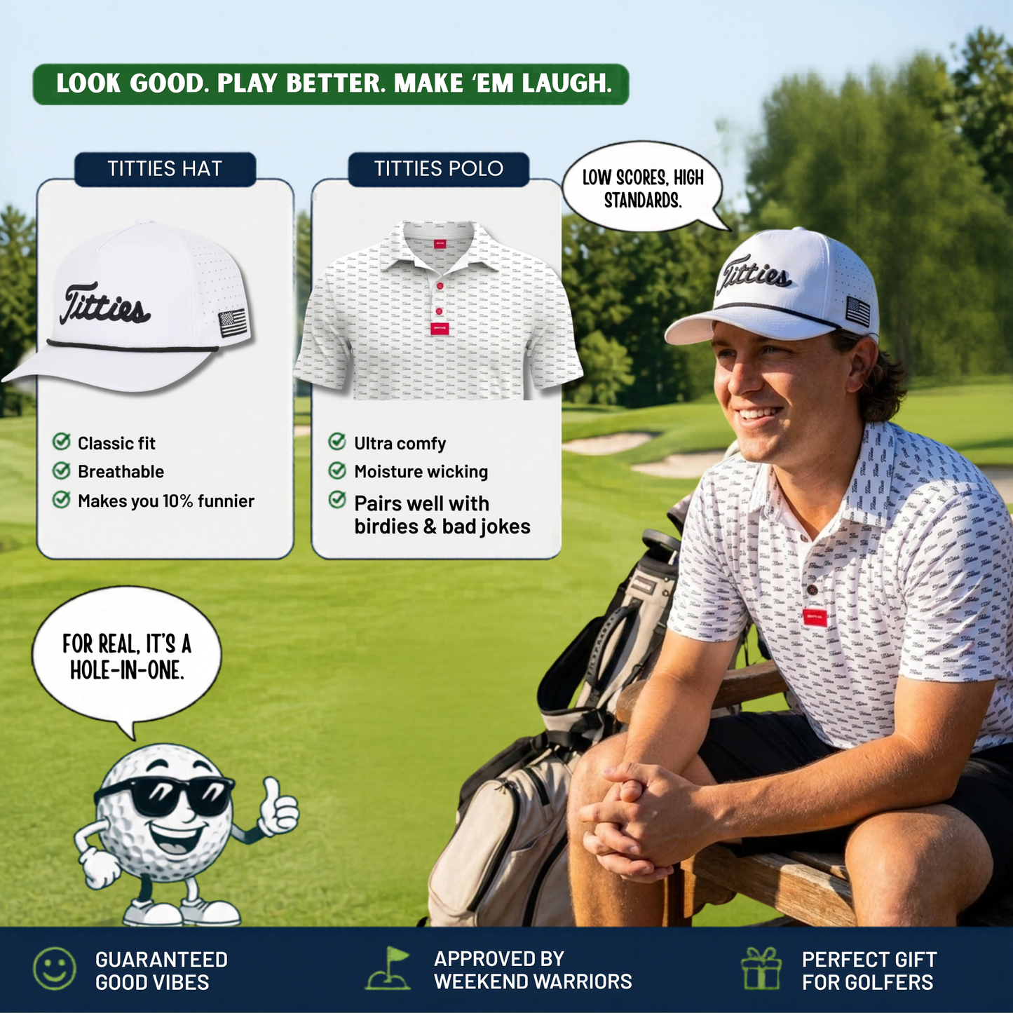 Ultimate Titties Bundle – White & Black Titties Golf Hat and Polo Set
