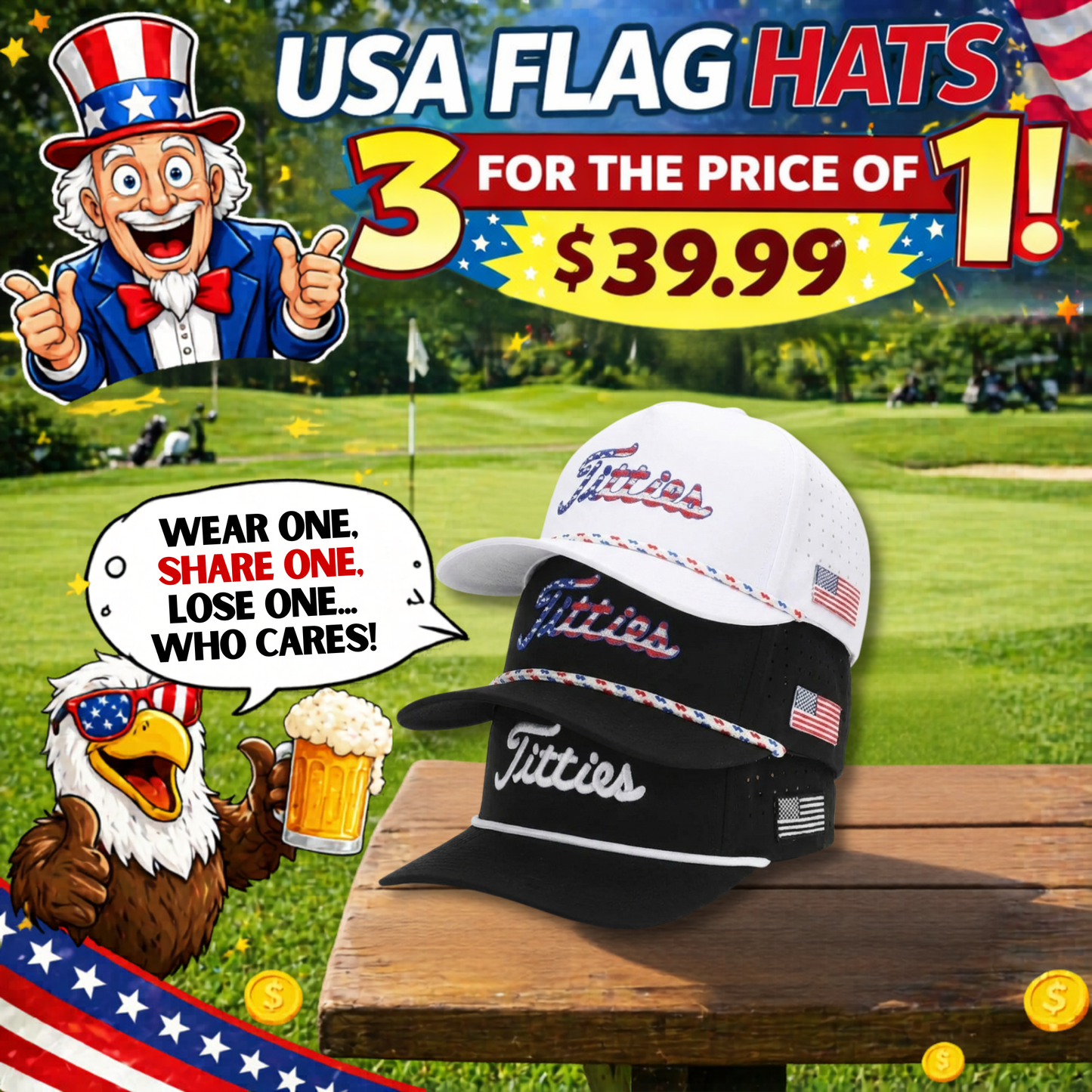 Titties Golf Hats 3-Pack Bundle (USA White, USA Black, Black & White)