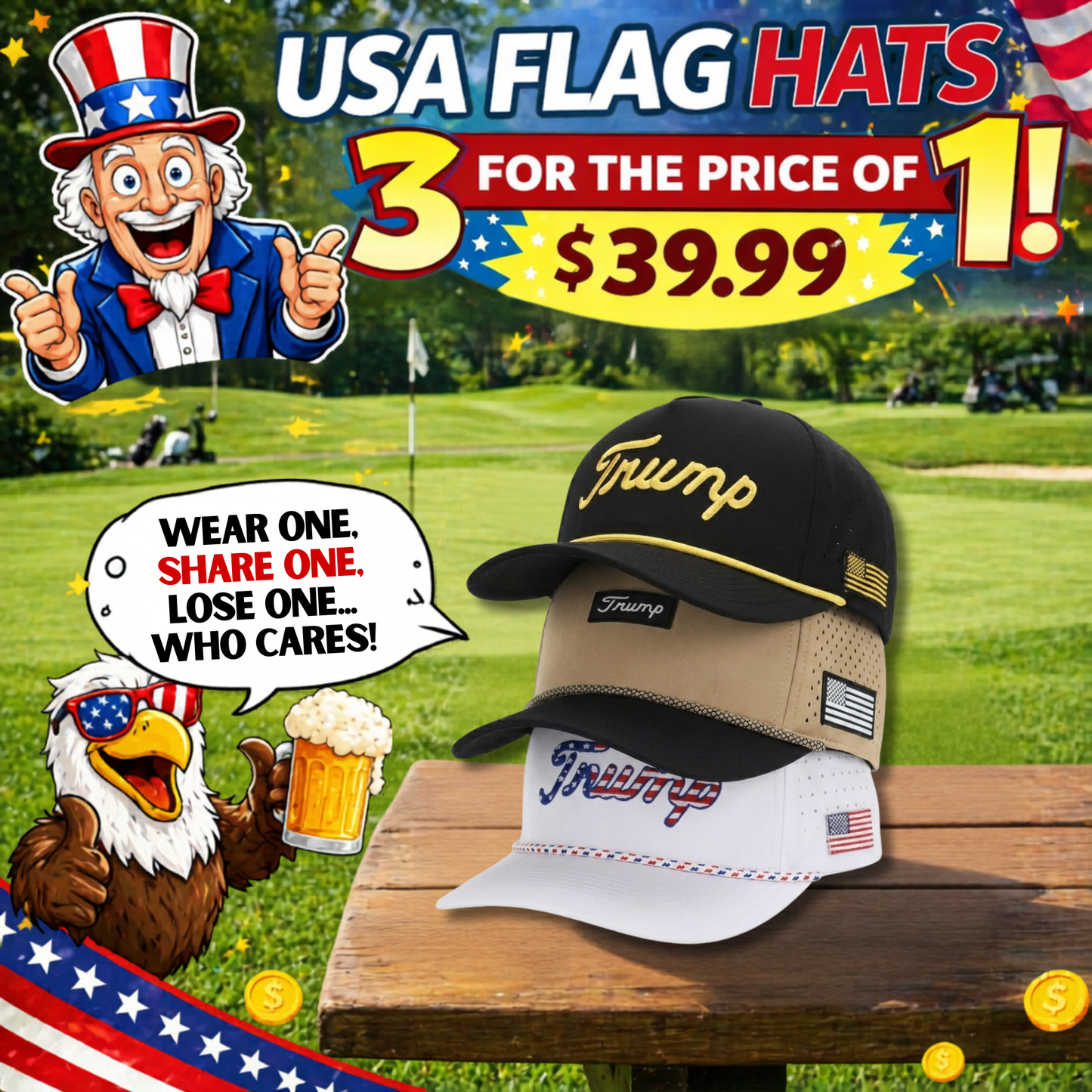 Trump Golf Hats 3-Pack Bundle (Gold,Tan,USA White)