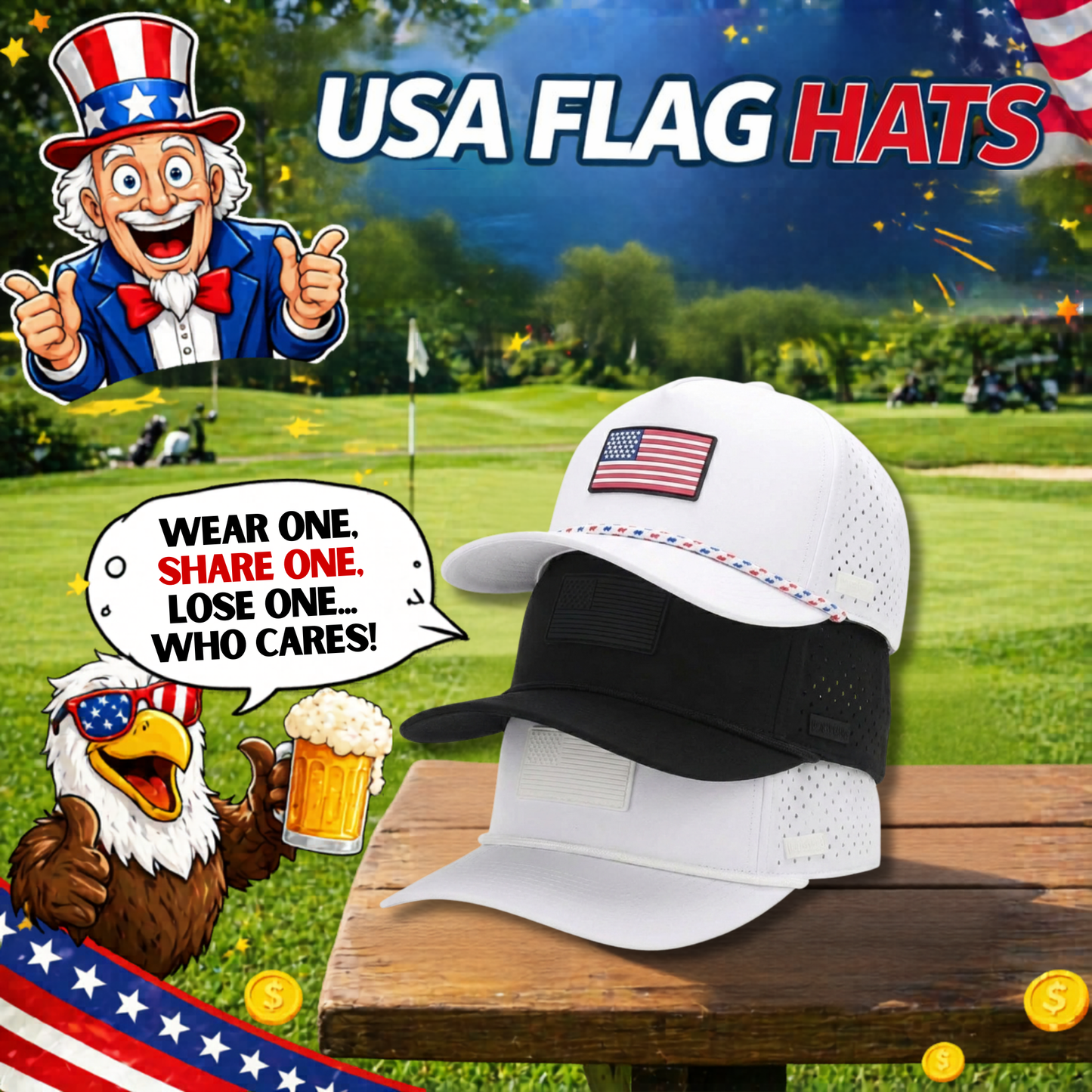 American Flag Golf Hats 3-Pack Bundle - White USA, Whiteout, Blackout