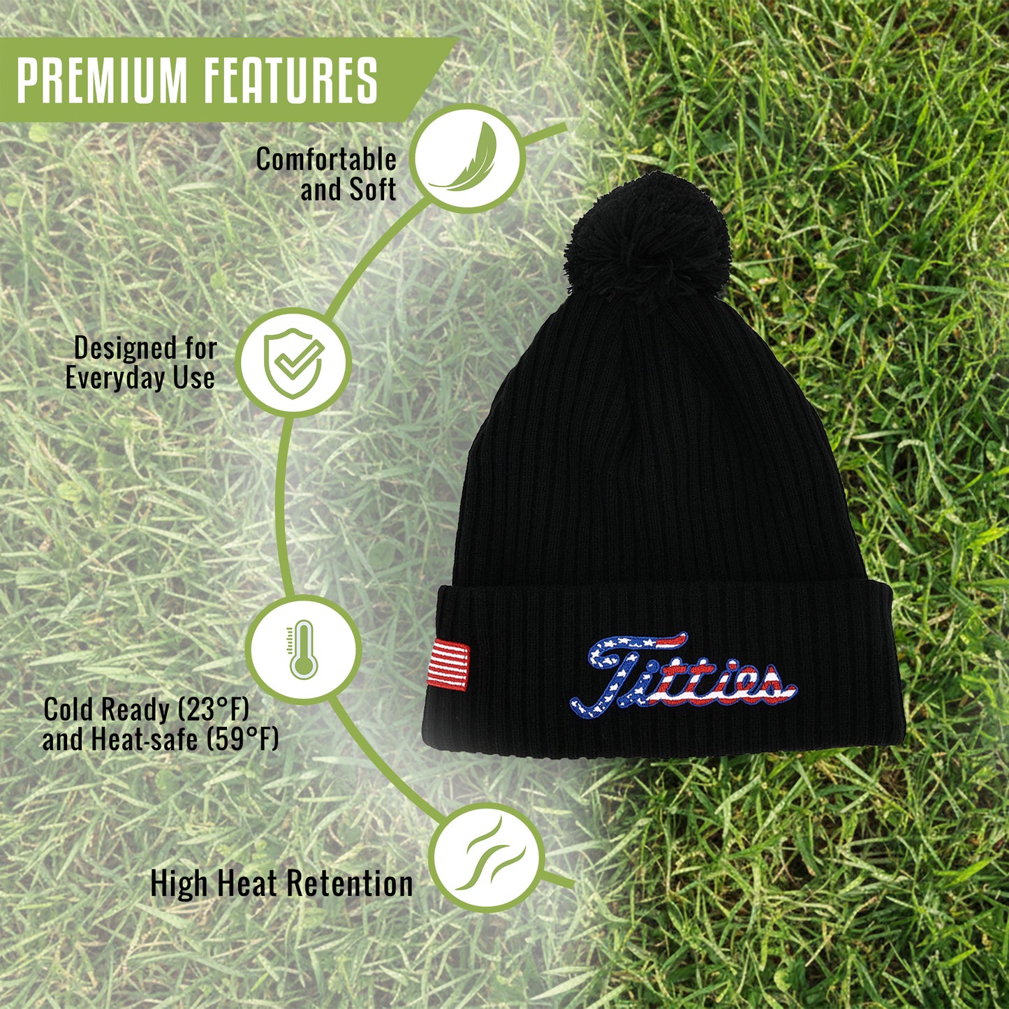 Titties Beanie Hat with USA Flag Patch