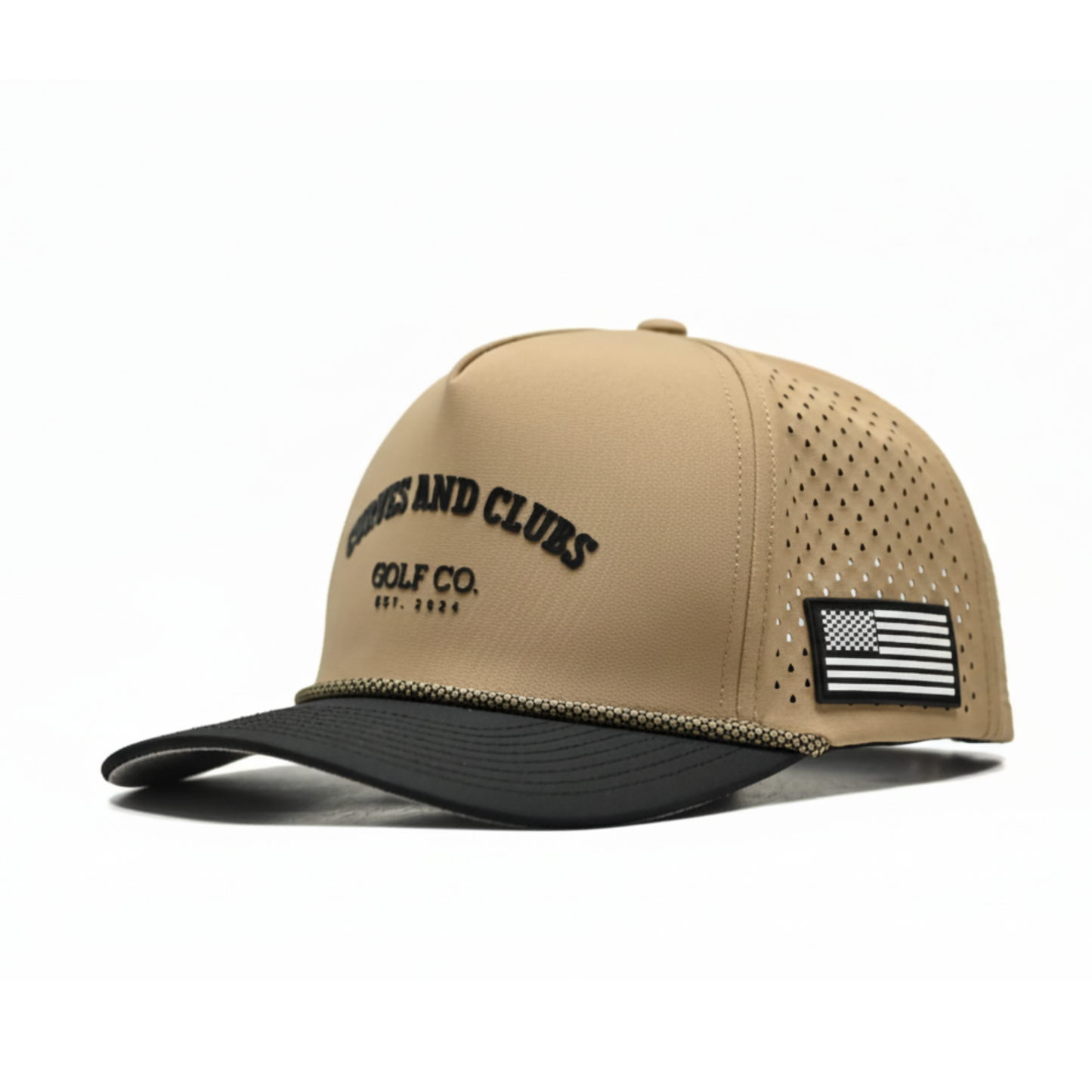 Curves and Clubs American Golf Hat – Tan Performance Rope Cap – Golf Co. Hat EST. 2024