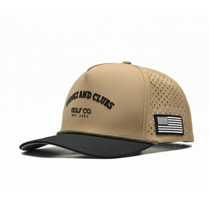 Curves and Clubs American Golf Hat – Tan Performance Rope Cap – Golf Co. Hat EST. 2024