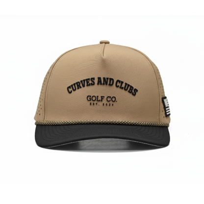 Curves and Clubs American Golf Hat – Tan Performance Rope Cap – Golf Co. Hat EST. 2024