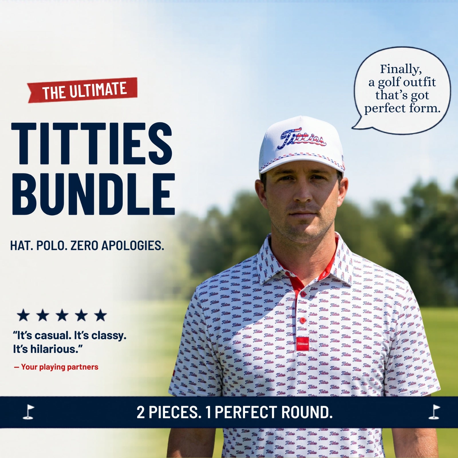 Ultimate Titties Bundle – USA White Titties Golf Hat and Polo Set