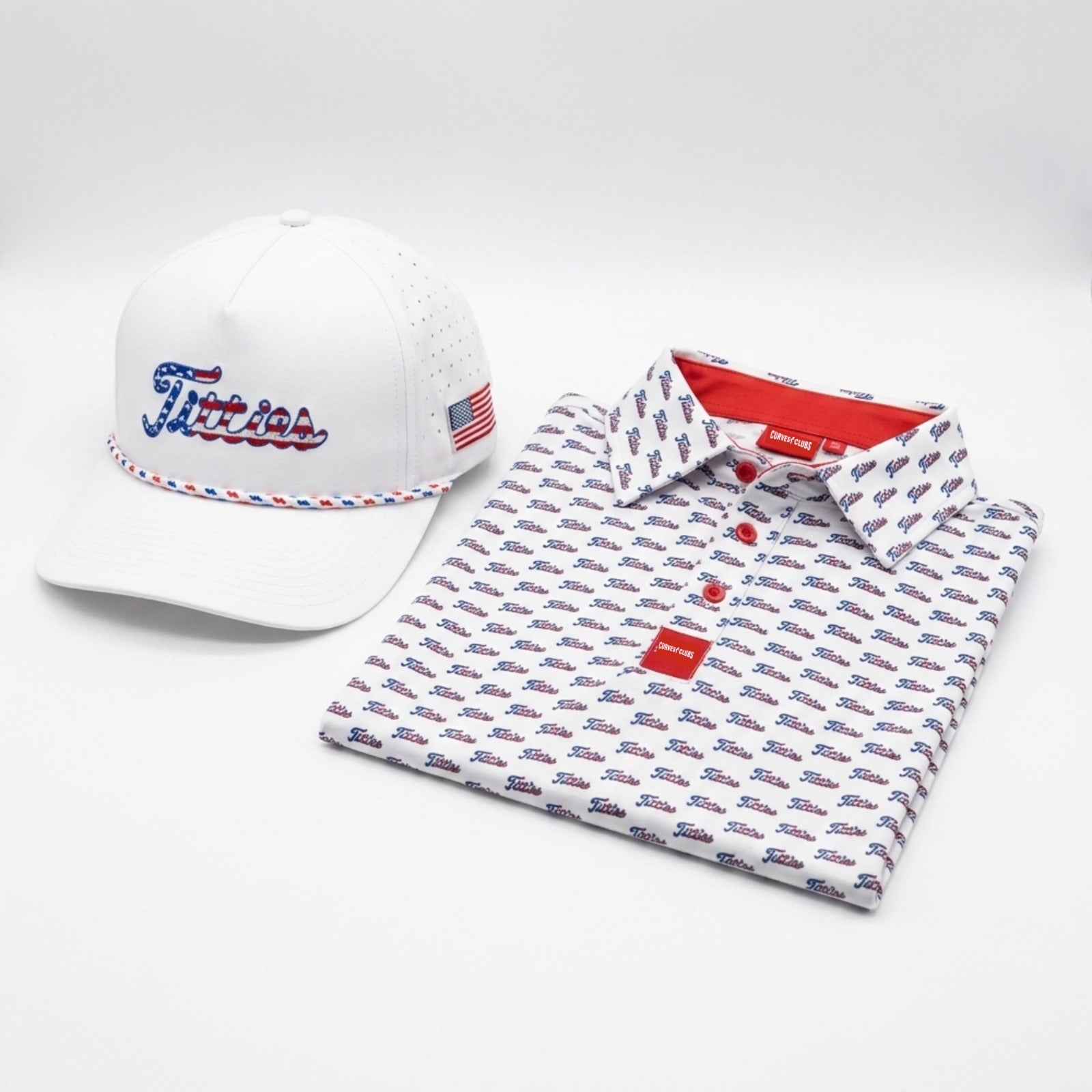 Ultimate Titties Bundle – USA White Titties Golf Hat and Polo Set