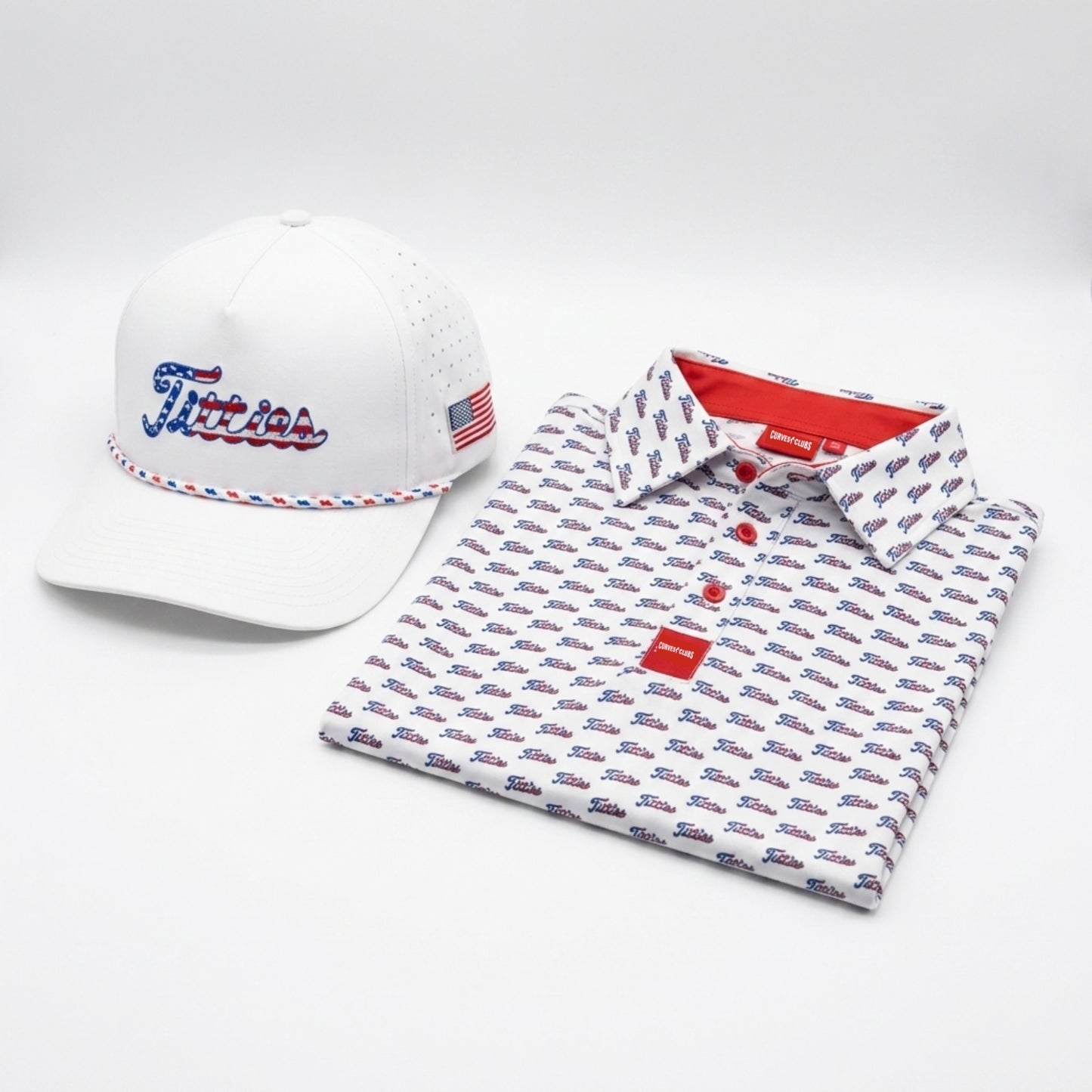 Ultimate Titties Bundle – USA White Titties Golf Hat and Polo Set