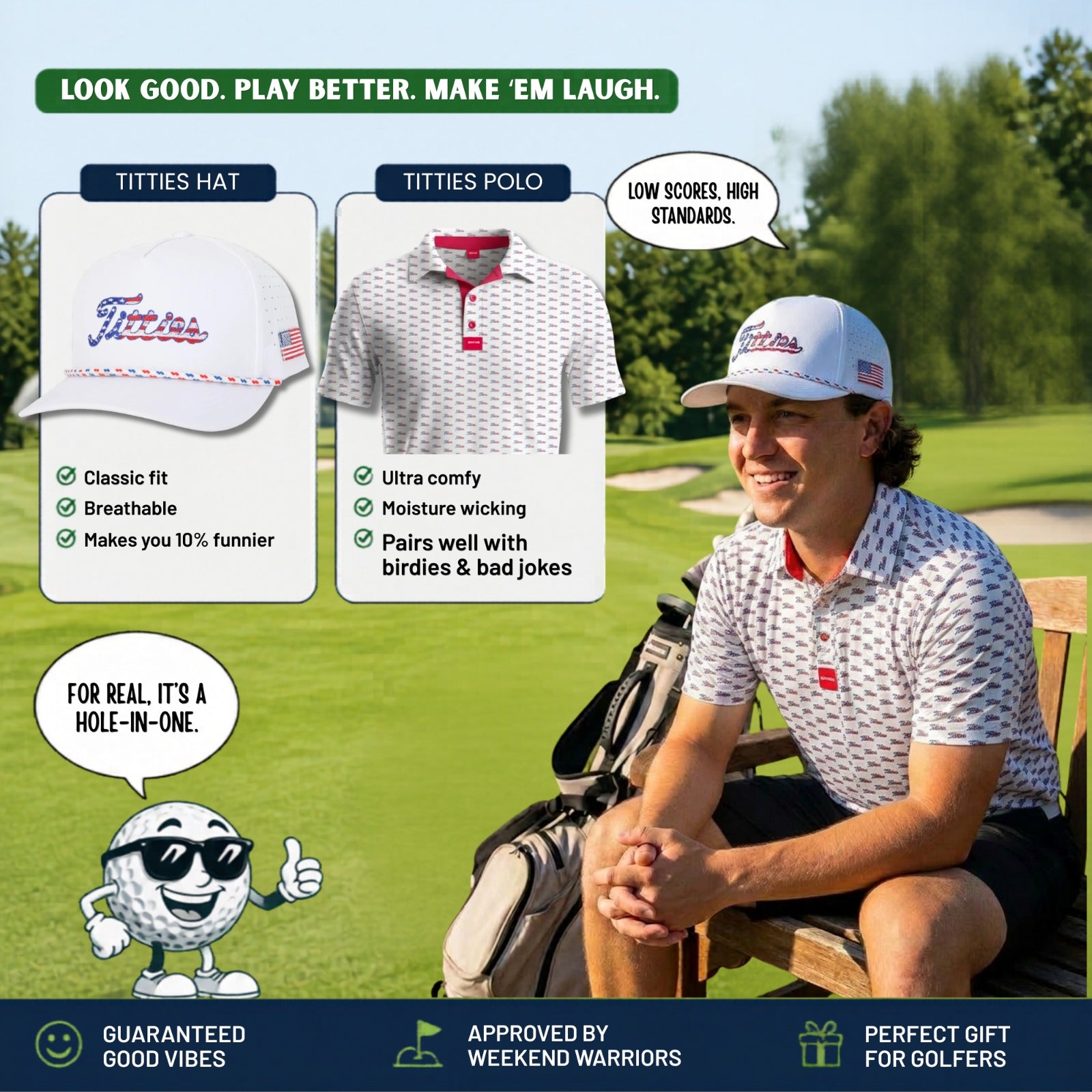Ultimate Titties Bundle – USA White Titties Golf Hat and Polo Set
