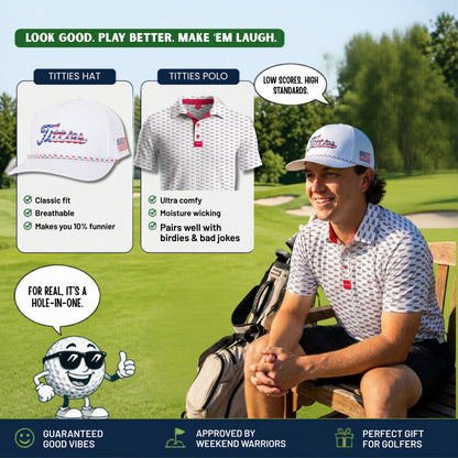 Ultimate Titties Bundle – USA White Titties Golf Hat and Polo Set
