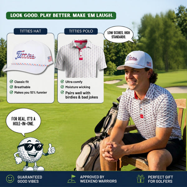 Ultimate Titties Bundle – USA White Titties Golf Hat and Polo Set