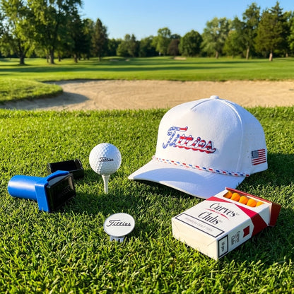 Curves & Clubs Titties Golf Bundle (4-in-1 Set) – White USA Titties, C&C Tees, Titties Stamps, and Black Titties Ball Marker - Funny Golf Gift Pack