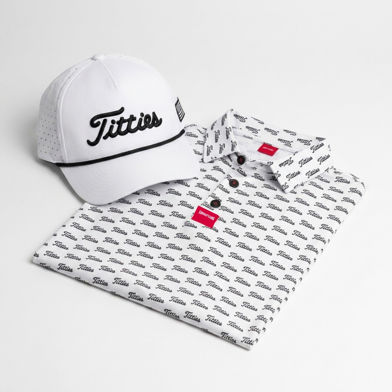 Ultimate Titties Bundle – White & Black Titties Golf Hat and Polo Set