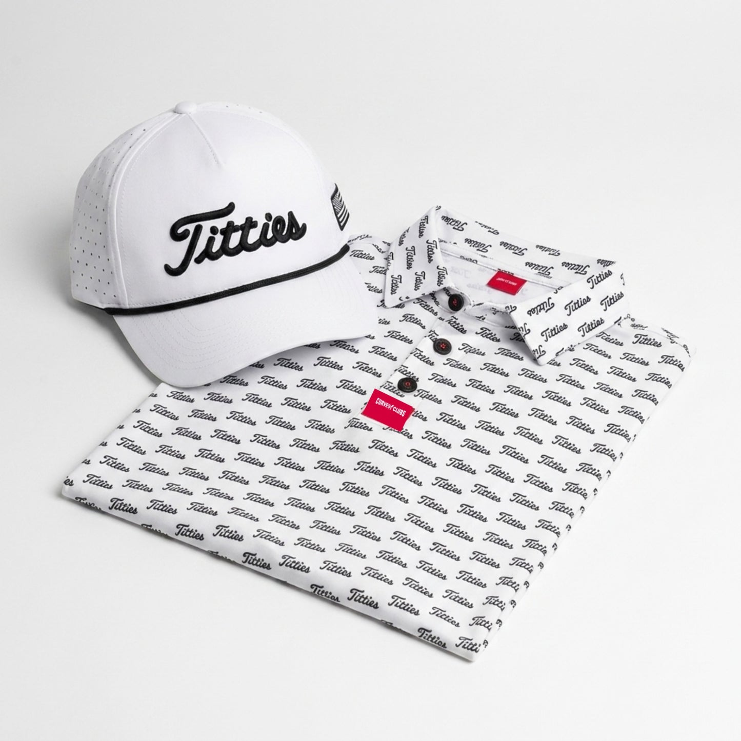 Ultimate Titties Bundle – White & Black Titties Golf Hat and Polo Set