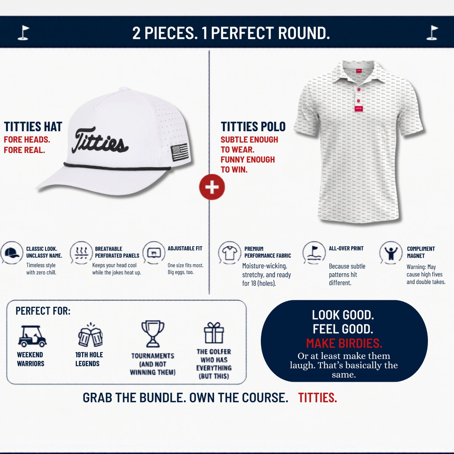 Ultimate Titties Bundle – White & Black Titties Golf Hat and Polo Set