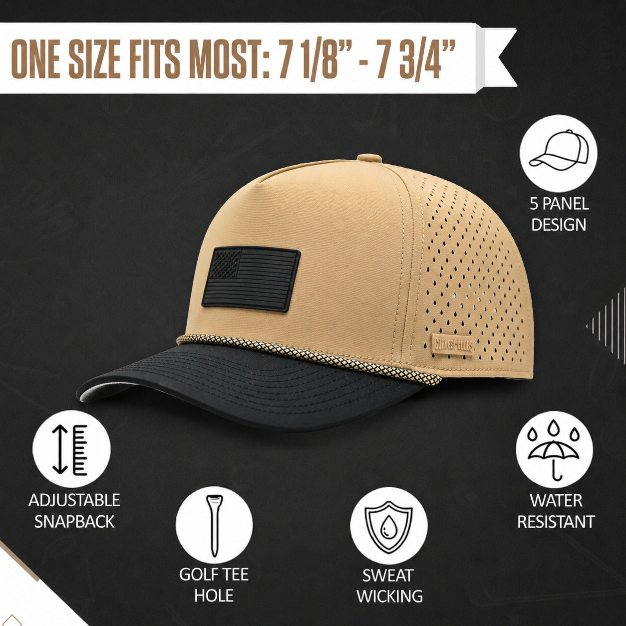 Curves & Clubs Golf Hat – Tan and Black USA Flag Patch