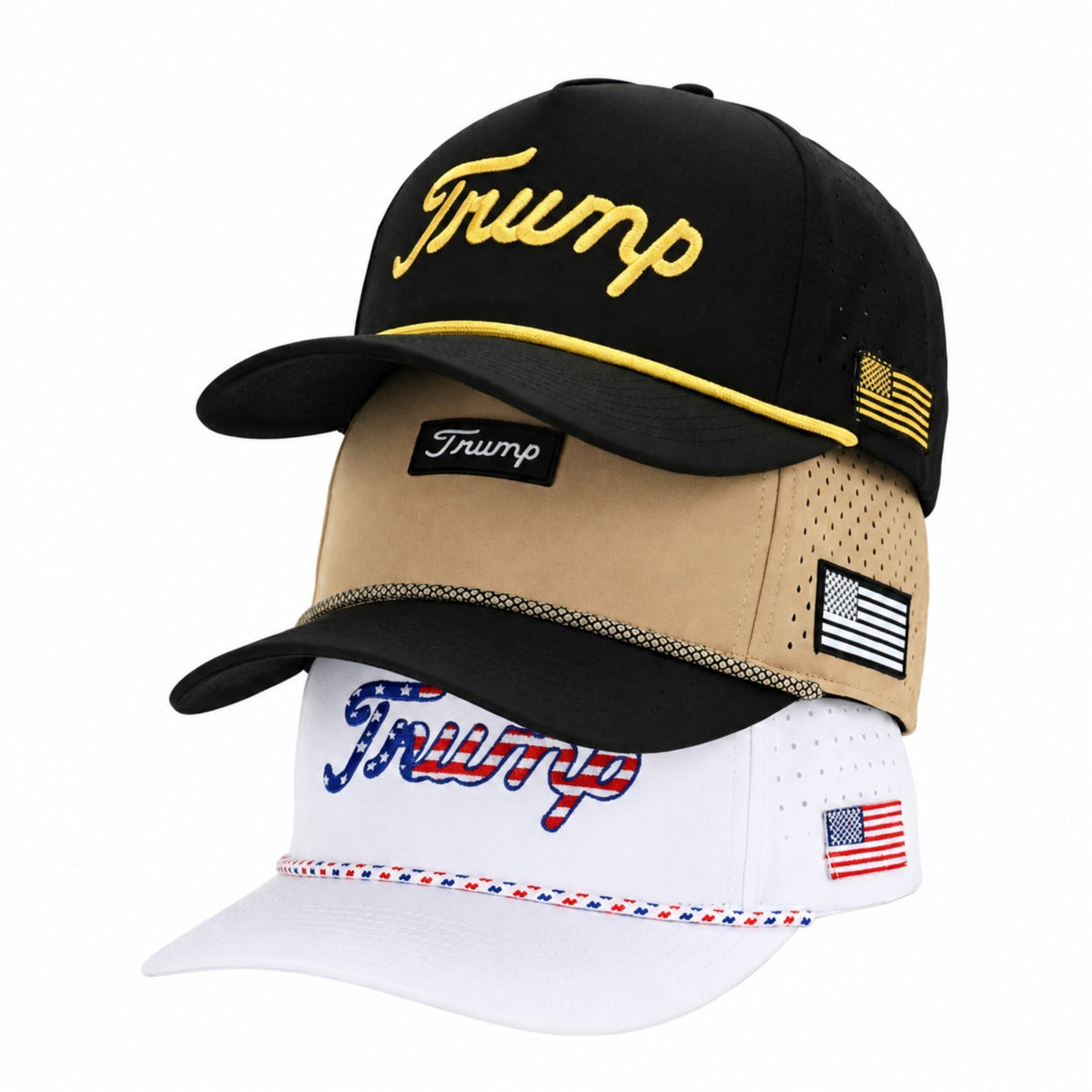 Trump Golf Hats 3-Pack Bundle (Gold,Tan,USA White)