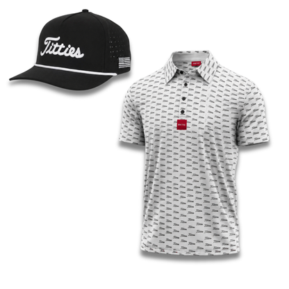 A two-piece golf apparel set featuring a black Titties baseball cap with a white embroidered logo and a white short-sleeve polo shirt with a black repeating Titties logo pattern and a red chest patch.