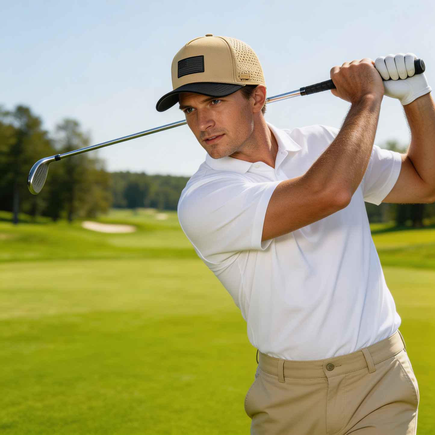 Curves & Clubs Golf Hat – Tan and Black USA Flag Patch