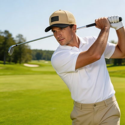 Curves & Clubs Golf Hat – Tan and Black USA Flag Patch