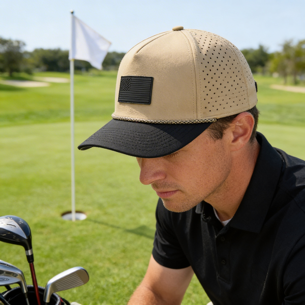 Curves & Clubs Golf Hat – Tan and Black USA Flag Patch