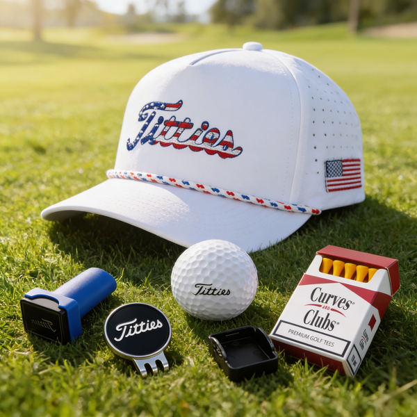 Curves & Clubs Titties Golf Bundle (4-in-1 Set) – White USA Titties, C&C Tees, Titties Stamps, and Black Titties Ball Marker - Funny Golf Gift Pack