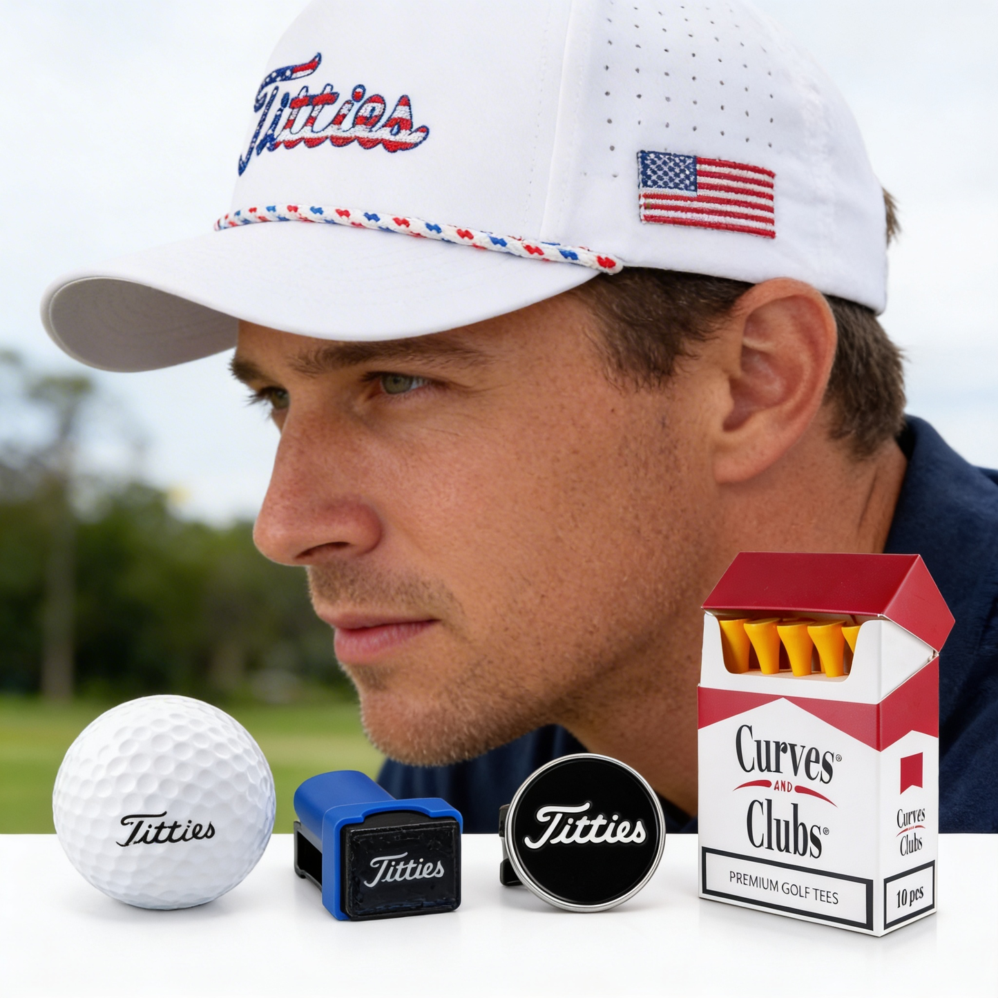 Curves & Clubs Titties Golf Bundle (4-in-1 Set) – White USA Titties, C&C Tees, Titties Stamps, and Black Titties Ball Marker - Funny Golf Gift Pack